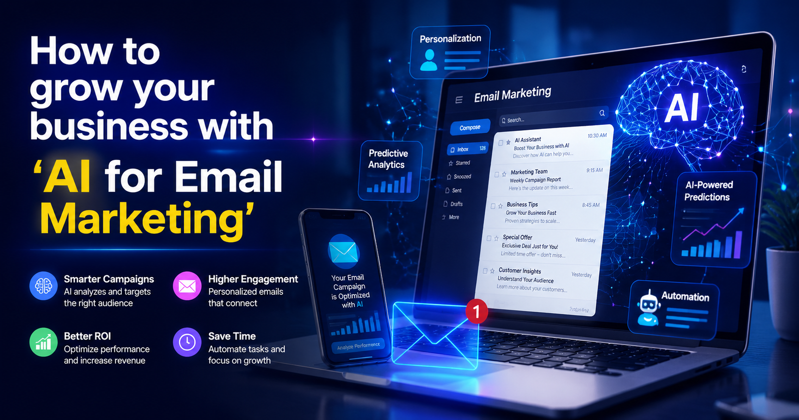 How to grow your business with 'AI for Email Marketing This image has an empty alt attribute; its file name is image-6-1024x538.png “AI for email marketing”helps businesses personalize campaigns, boost open rates, and automate outreach in 2026 with data-driven tools. What is the topic? "AI in email marketing" refers to making the entire campaign management process easier with intelligence, such as making a difficult task easier through AI. From creating subject lines to understanding reader behavior, technology is now being used at every step. This image has an empty alt attribute; its file name is image-5-1024x576.png A marketer used to spend hours testing subject lines, but now the same task can be done in seconds through AI. When a reader opens an email, which link they click, where they lose interest, AI can analyze all this information on its own and provide solutions and recommendations. Previously, marketers used to write each email by hand and send it based on guesswork. Now, AI analyzes and predicts when a customer will open an email and what content they will respond to. Companies of all sizes, from small to large, are now using this method to strengthen and grow customer relationships.. "AI for email marketing" is not just automation, it has become a means of creating a unique experience for each customer. How personalization works This image has an empty alt attribute; its file name is image-3-1024x576.png AI tailors each message individually by looking at the customer's previous purchases, clicking habits, and even the time they open the email. As a result, each customer feels like they are receiving a message written for them, even within the same campaign. The role of data analytics After each campaign, AI analyzes the open rate, click rate, and unsubscribe rate. From this information, the next campaign becomes more perfect. Over time, this system learns on its own and produces better results, which would not have been possible with manual methods. Why is it needed? Email marketing is still one of the most cost-effective mediums, but customer inboxes are now filled with hundreds of messages every day. In such a situation, simple bulk emails no longer work. Using "AI for email marketing" makes each message relevant, so customers do not easily ignore it. Time-saving benefits A campaign used to take hours to organize manually. AI now creates content in seconds, divides lists, and sends it at the right time. Even small teams can now run campaigns like large organizations. Impact on revenue growth This image has an empty alt attribute; its file name is image-2-1024x576.png Companies that send emails using or with the help of AI typically have higher conversion rates because the messages are more relevant to the customer’s actual interests. This results in significant increases in sales and lower marketing costs. Many small businesses have seen a significant increase in revenue with this single change. What do you need? This image has an empty alt attribute; its file name is image-1-1024x576.png Before you get started, you need to have a few basic things ready. Here are some of them. A verified email service provider account is a must Choose an AI-powered email marketing tool like MailChimp AI or HubSpot A reliable email list collected with customer consent is required Previous campaign performance data can be leveraged It is important to set a specific goal, such as increasing sales or increasing engagement A brief guide should be prepared to convey the tone and language of the brand A specific budget should be allocated for monthly subscriptions Choosing a tool Not all tools work the same. Some tools only help you write subject lines, while others can automate the entire campaign. Therefore, it is important to choose the right tool according to your needs, because through it, you can achieve your goals in the right way and at the right time. Ensure the quality of your list Even AI can’t produce good results if there are old or fake email addresses. So, it’s important to keep your list clean. Step-by-step guide You need to add your subscriber list to the AI ​​tool. Next, you need to set the campaign goals and tell the AI ​​what kind of message you want in a specific way. The AI ​​then generates several subject lines and different versions of the content. This image has an empty alt attribute; its file name is image-1024x576.png Next, you need to send it to a small group to see the results. If the results are good, you can send it to the entire list. Finally, the AI ​​automatically generates a report, showing which parts worked well and which ones need to be changed next time. All these processing or steps will make you an AI. How much might it cost? This image has an empty alt attribute; its file name is image-4-1024x576.png The cost of AI generally depends on the tool used and the size of the list. For small businesses, the monthly cost is typically between $20 and $50. And for larger organizations, it can be as high as $150. For larger organizations with lists of millions of customers, the cost can reach several hundred dollars. Differences between free and paid options Free plans usually have a limited number of subscribers, and some AI features are disabled. The paid plan offers full features, especially automation and personalization. Tool Type Tool Type Estimated Monthly Cost Eligible Subscribers Free plan 0$ Up to 500 Starter Plan $20-$50 Up to $2,000 Professional Plan $75-$150 Up to 10,000 Enterprise Plan $300+ Millions Advantages and Disadvantages There are many advantages to using “AI for email marketing”, but there are also some limitations. It saves time, increases personalization, and data analysis is done automatically. Small teams can produce the same output as large organizations. However, when all the work is completely left to AI, the message can sometimes sound mechanical. It becomes difficult to earn customer trust without a human touch. Main advantages The main benefits of this are, for example, personalization, time savings, and accurate data analysis. The ability to tailor messages to each customer’s preferences and behavior makes the relationship more personal, and the time that was previously spent on manual tasks can now be used for other important tasks. In addition, the data obtained from customer responses can be analyzed so accurately that subsequent decisions are much more specific and effective. Which is convenient for further work. Potential disadvantages Three main challenges remain: cost, the risk of over-automation, and privacy concerns. The cost of a monthly subscription can be prohibitive, especially for smaller organizations, because the results are not immediately visible. On the other hand, leaving everything to the machine can lead to a lack of engagement and a lack of time to get the right information. So many people are wondering how personal data is being collected and used. Ways to maintain balance AI should be used, but it is a good habit to take a look at the final message before sending it. Common mistakes Many people buy AI tools and automate everything without doing any testing themselves. This can result in incorrect information or inconsistently-sounding messages that can be very damaging to the database you work on. Some run campaigns without cleaning out old lists, which increases the number of spam reports, which in turn damages your website or database. Some send the same message every day, which annoys customers and makes them unsubscribe. It is also a common mistake to send the message directly to the entire list without testing it first. Conclusion In today's competitive business environment, "AI for email marketing" is now an essential tool or a particularly useful tool. It would be wrong to view it as a technical tool, but rather it has become a strategy for building relationships with customers for every organization. Just as a small shop owner can benefit from it, large organizations can also take advantage of this technology by using it. It does not require a huge budget or a separate team. All that is needed is to choose the right tool and a clean, verified customer list. Although the initial cost is low, the results start to increase on their own over time. Many people think that everything will be done by themselves once AI is installed. The reality is a little different. If the entire process is left to the machine, the message can become lifeless. So sometimes it is also important to see it through human eyes, so that the message sounds sincere to the customer. For those who have not started this journey yet, the safest way is to start with a small test campaign. As experience increases, the whole process will gradually become easier. If you send the original Bengali text directly, it could be corrected more accurately. Send it if you want.